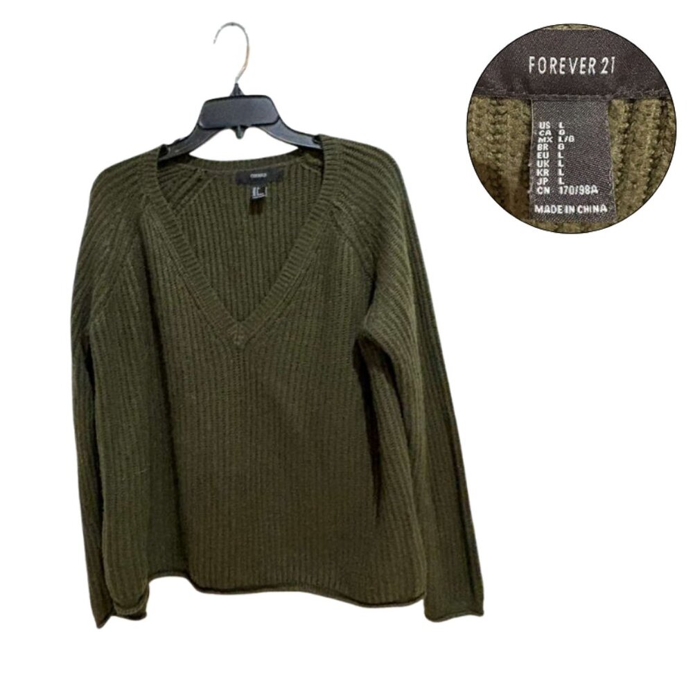 Forever 21 Olive Ribbed V-Neck Sweater L